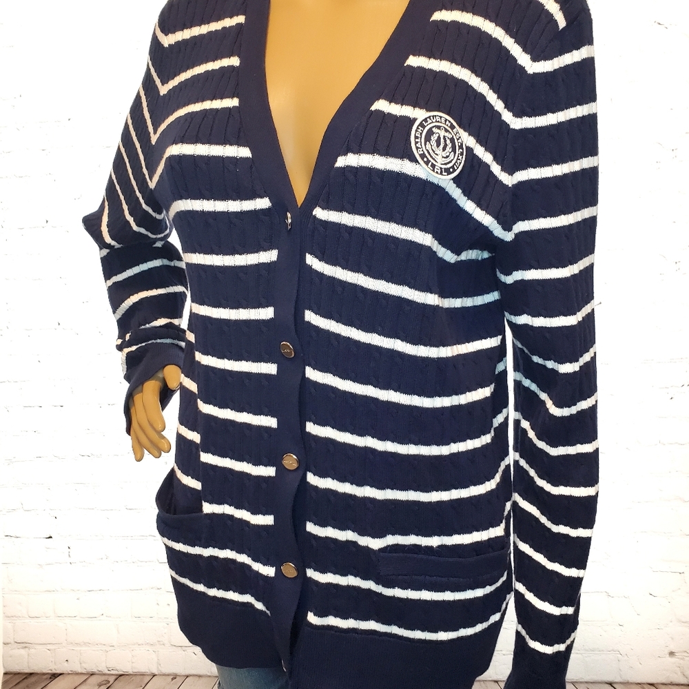 Lauren Ralph Lauren Blue & White Striped Cardigan